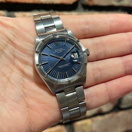 内部点検済 ROLEX ロレックス オイスターパーペチュアル デイト 15210 S番 バーインデックス 青 ブルー SS ステンレス メンズ 自動巻き 【腕時計】【自社保証6ヶ月】